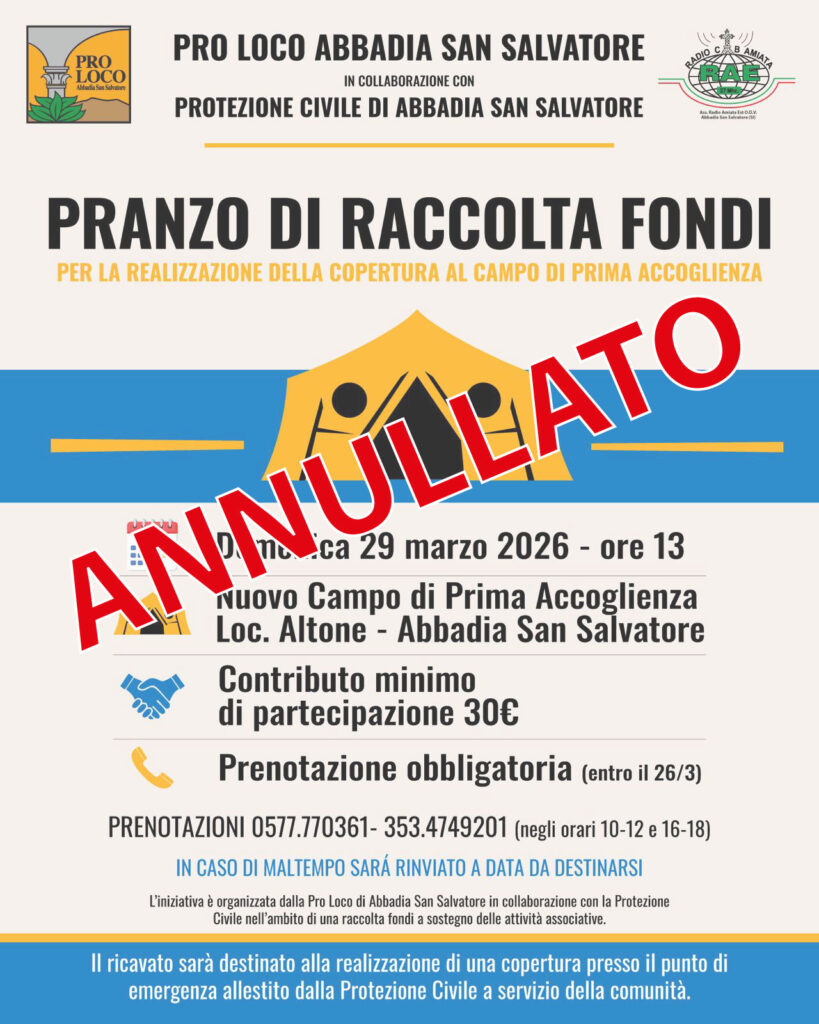 Annullamento pranzo di raccolta fondi del 29 marzo